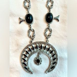 Squash Blossom Necklace Silver Tone and Black Stones